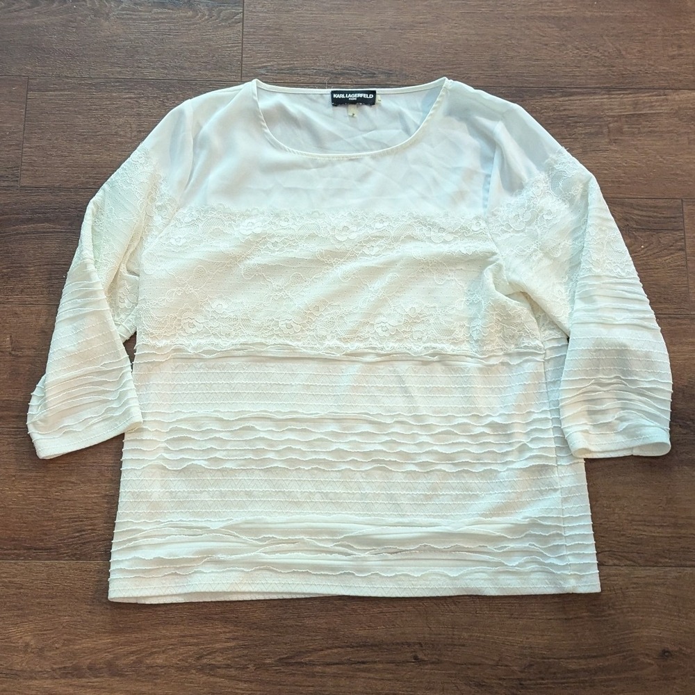 Karl Lagerfeld Paris White Lace Ruffle Blouse 3/4 Sleeve Round Neck Medium